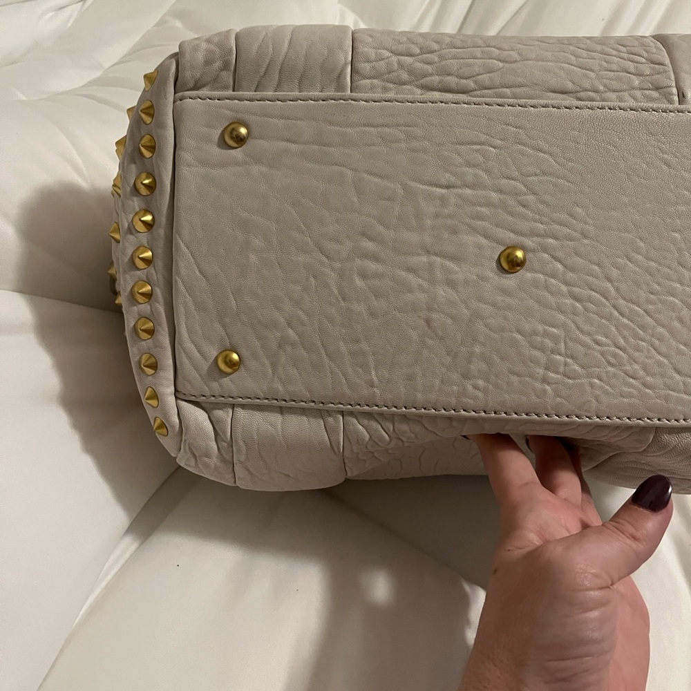 MCM Pebbled Cream Leather Satchel with Gold Stud Accents - Picture 7 of 16